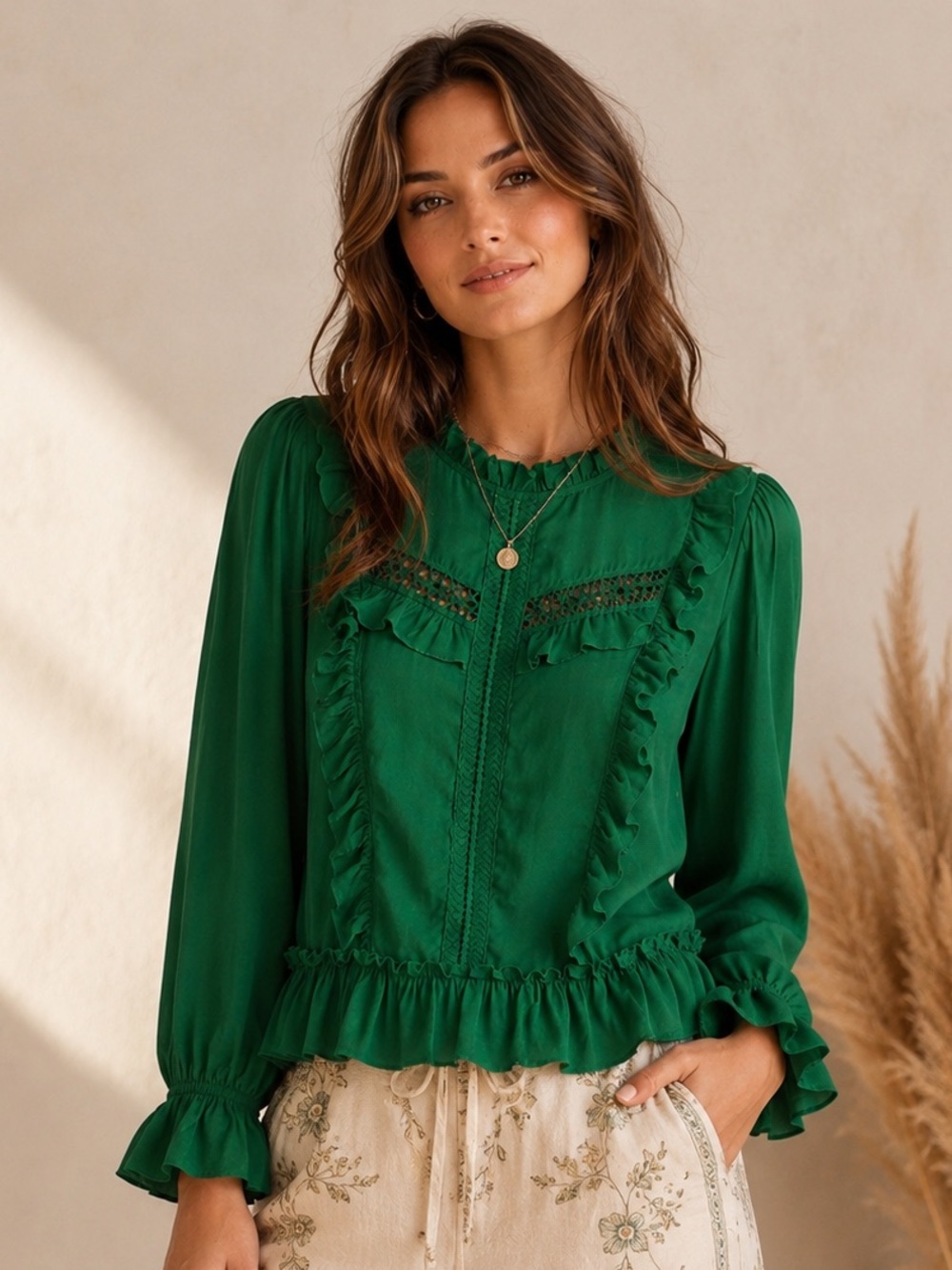 Happy Nature by Kate Hudson Green Ruffle Blouse XL Boho Peplum Lace Romantic Top